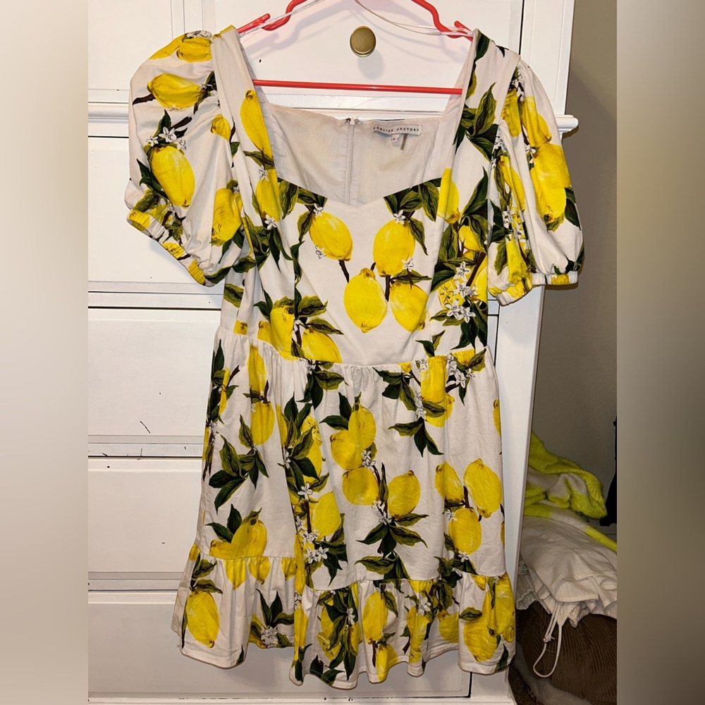 English Factory Womens A Line Dress Yellow White Mini Lemon Print